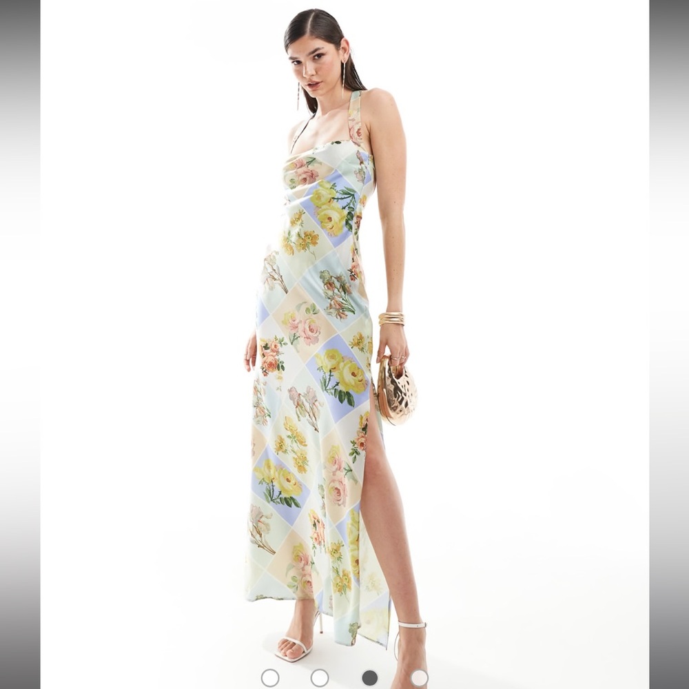 ASOS DESIGN satin wide neck cross back strap maxi dress in postcard print